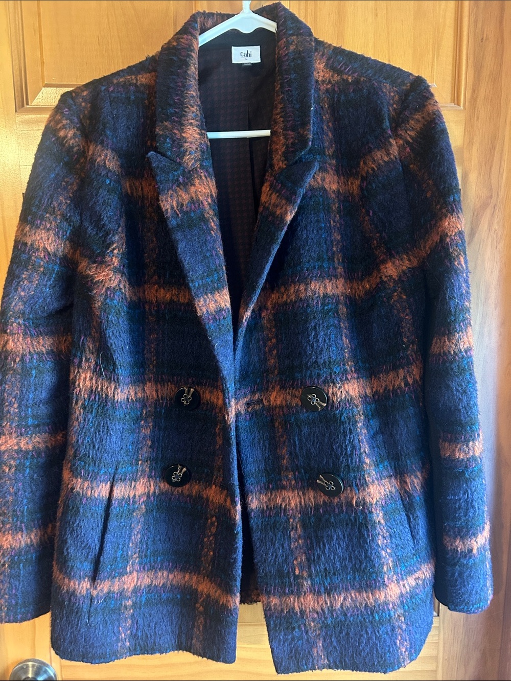 CAbi Checkmate Navy and Copper Plaid Double-Breasted Blazer Style #3736